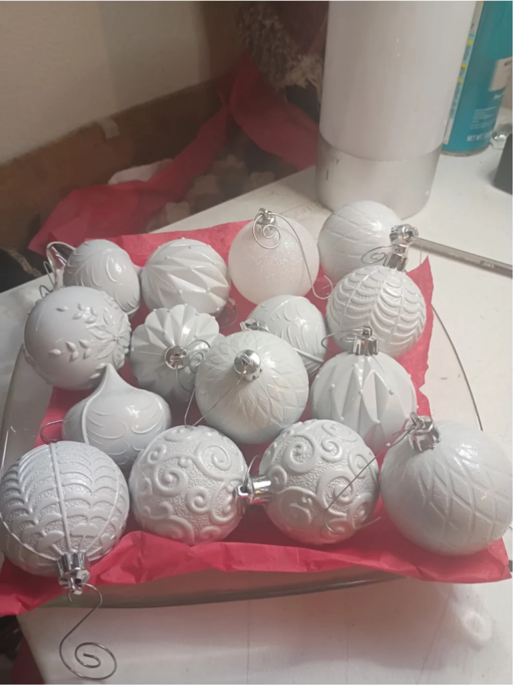 15 White Textured Christmas Tree Ornaments Mixed Designs